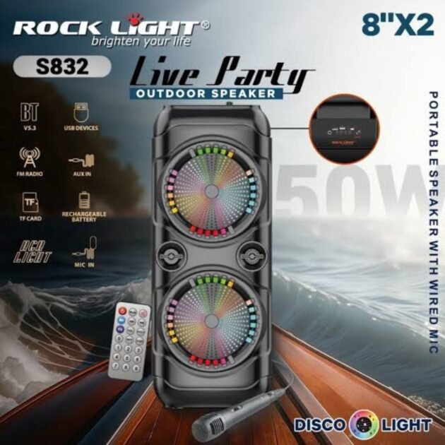مكبر صوت روك لايت S832 بلوتوث 8 بوصة ×2 مع مايك | Rock Light S832 8"x2 Bluetooth Speaker