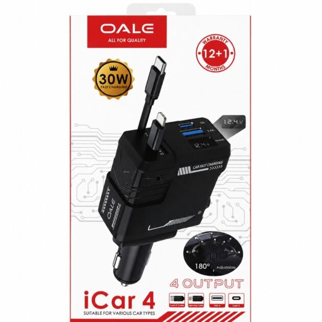 شاحن سيارة OALE iCar 4 سريع 30 واط بأربعة مخارج وكابلين مدمجين