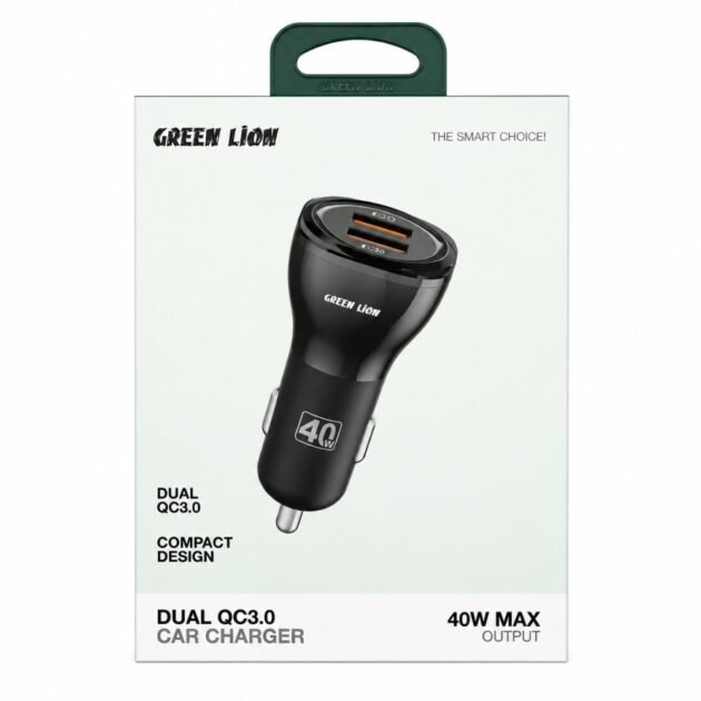 شاحن سيارة Green Lion ثنائي المنافذ QC 3.0 بقدرة 40 واط
